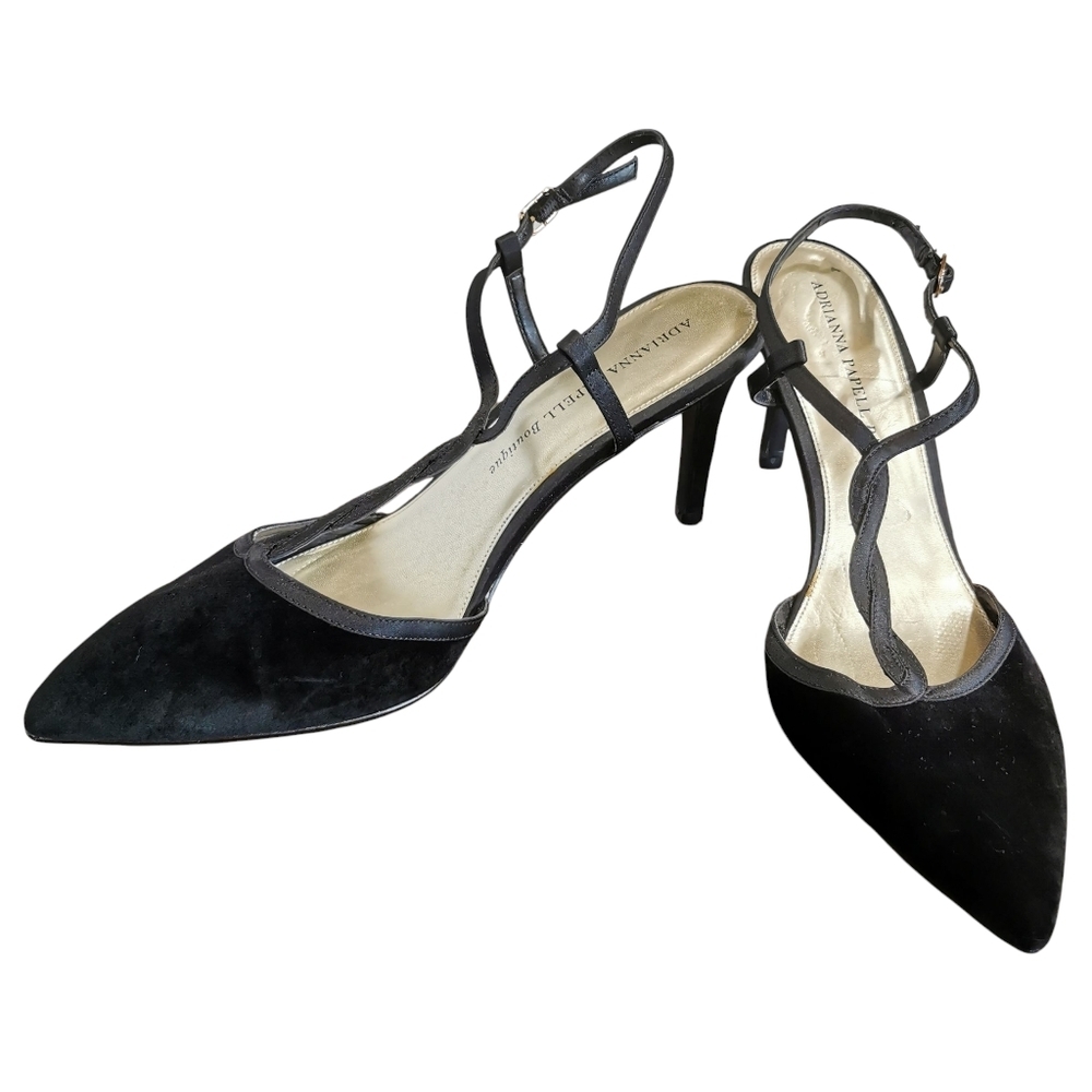 Adrienne Papell Boutique T-Strap Slingback Pointed Toe Black Velvet Pumps -Sz 10